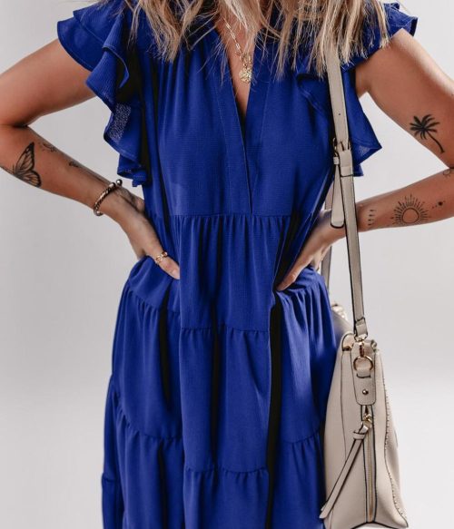 Women Bluing Ruffled Short Sleeve Collared V Neck Tiered Midi Dress | Midi Dresses