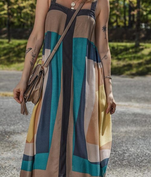 Women Brown Retro Geometric Print Y Back Sleeveless Dress | Maxi Dresses